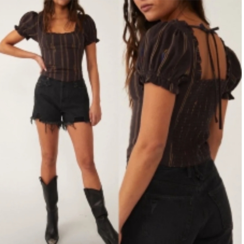 Free People Embroidered Top W/ Back Neck Tie & Smocking Detail